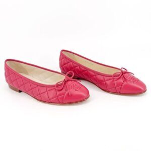 Chanel CC Pink Quilted Leather Cap Toe Ballet Flats Shoes Size 38.5 US 7.5-8